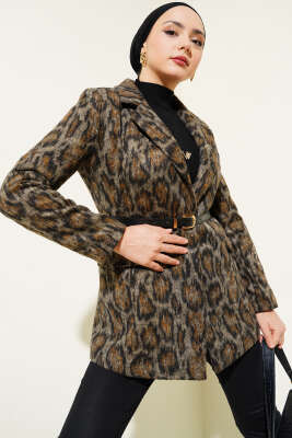 Pazarium - Leopar Desen Kemerli Blazer Ceket Taba