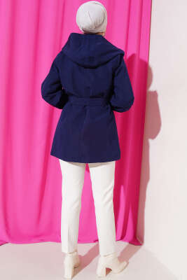 Kapşonlu Çıt Çıt Kısa Trenç Lacivert - Thumbnail