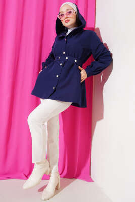 Kapşonlu Çıt Çıt Kısa Trenç Lacivert - Thumbnail