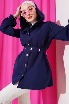 Kapşonlu Çıt Çıt Kısa Trenç Lacivert - Thumbnail