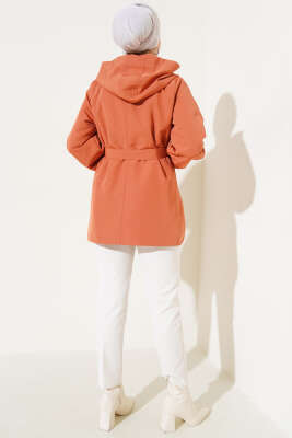 Kapşonlu Çıt Çıt Kısa Trenç Kiremit - Thumbnail