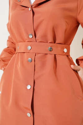 Kapşonlu Çıt Çıt Kısa Trenç Kiremit - Thumbnail