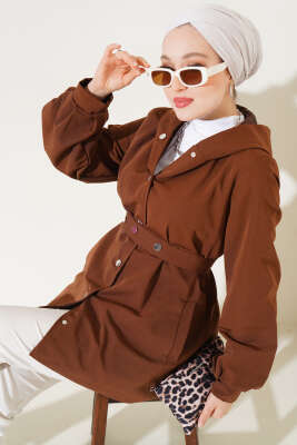 Pazarium - Kapşonlu Çıt Çıt Kısa Trenç Kahve