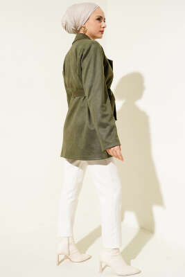 Kuşaklı Düğmeli Süet Ceket Yeşil - Thumbnail