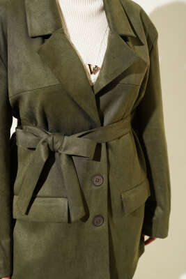 Kuşaklı Düğmeli Süet Ceket Yeşil - Thumbnail