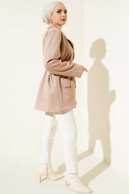 Kuşaklı Düğmeli Süet Ceket Vizon - Thumbnail