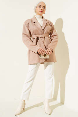 Kuşaklı Düğmeli Süet Ceket Vizon - Thumbnail