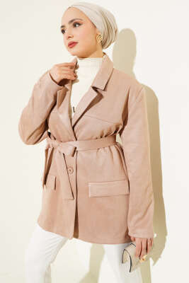 Kuşaklı Düğmeli Süet Ceket Vizon - Thumbnail