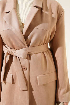 Kuşaklı Düğmeli Süet Ceket Vizon - Thumbnail