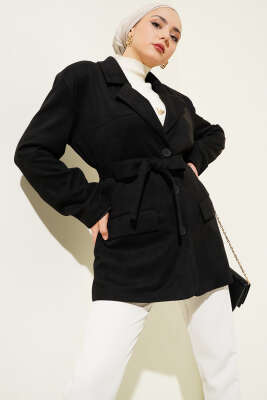 Kuşaklı Düğmeli Süet Ceket Siyah - Thumbnail