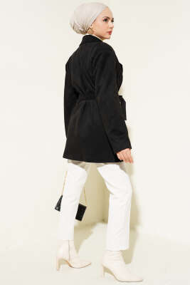 Kuşaklı Düğmeli Süet Ceket Siyah - Thumbnail