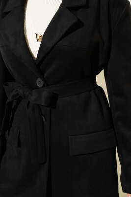 Kuşaklı Düğmeli Süet Ceket Siyah - Thumbnail