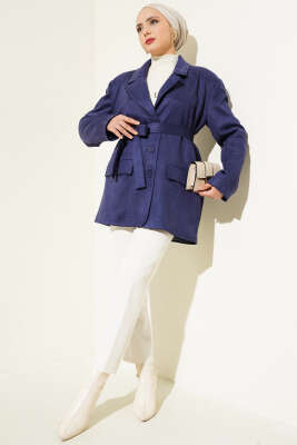 Kuşaklı Düğmeli Süet Ceket Lacivert - Thumbnail