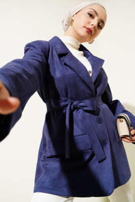 Kuşaklı Düğmeli Süet Ceket Lacivert - Thumbnail