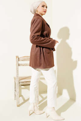 Kuşaklı Düğmeli Süet Ceket Kahve - Thumbnail