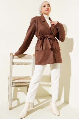 Kuşaklı Düğmeli Süet Ceket Kahve - Thumbnail
