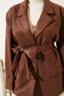 Kuşaklı Düğmeli Süet Ceket Kahve - Thumbnail