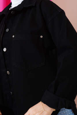 Çift Cepli Düğmeli Kot Ceket Siyah - Thumbnail