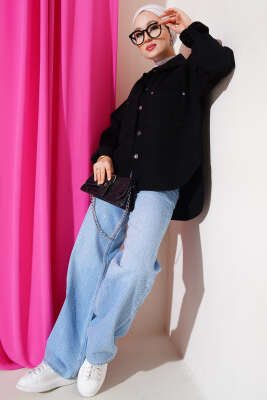 Çift Cepli Düğmeli Kot Ceket Siyah - Thumbnail