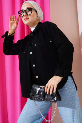 Çift Cepli Düğmeli Kot Ceket Siyah - Thumbnail