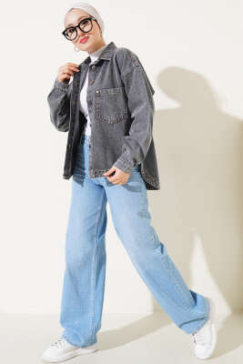 Çift Cepli Düğmeli Kot Ceket Füme - Thumbnail