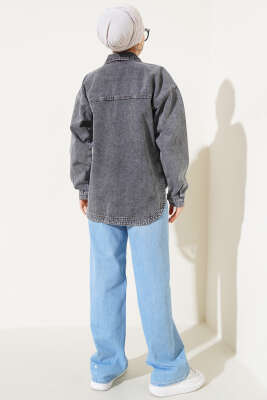 Çift Cepli Düğmeli Kot Ceket Füme - Thumbnail