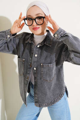 Çift Cepli Düğmeli Kot Ceket Füme - Thumbnail