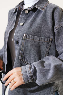 Çift Cepli Düğmeli Kot Ceket Füme - Thumbnail