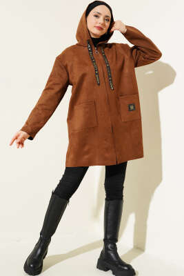 Pazarium - Fermuarlı Cepli Süet Kap Kahve