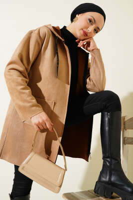 Pazarium - Fermuarlı Cepli Süet Kap Camel