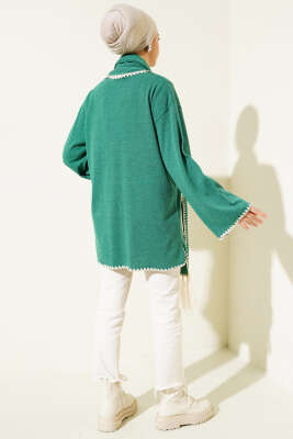 Midye Dikişli Atkılı Püsküllü Ceket Yeşil - Thumbnail