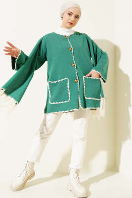 Midye Dikişli Atkılı Püsküllü Ceket Yeşil - Thumbnail