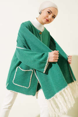 Midye Dikişli Atkılı Püsküllü Ceket Yeşil - Thumbnail