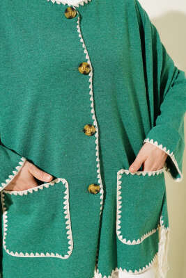 Midye Dikişli Atkılı Püsküllü Ceket Yeşil - Thumbnail