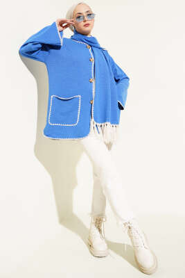 Midye Dikişli Atkılı Püsküllü Ceket Mavi - Thumbnail