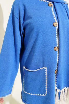 Midye Dikişli Atkılı Püsküllü Ceket Mavi - Thumbnail