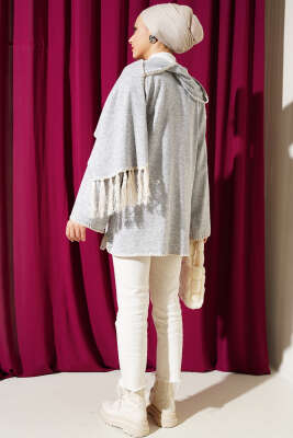 Midye Dikişli Atkılı Püsküllü Ceket Gri - Thumbnail