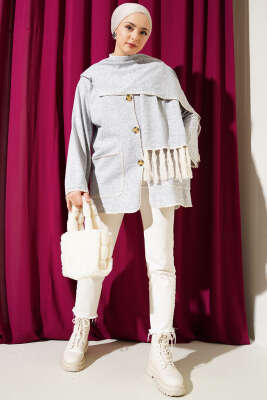 Midye Dikişli Atkılı Püsküllü Ceket Gri - Thumbnail