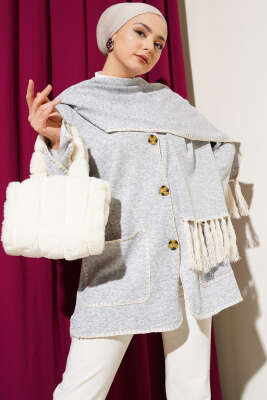 Midye Dikişli Atkılı Püsküllü Ceket Gri - Thumbnail