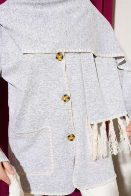 Midye Dikişli Atkılı Püsküllü Ceket Gri - Thumbnail