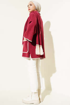 Midye Dikişli Atkılı Püsküllü Ceket Bordo - Thumbnail
