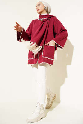 Midye Dikişli Atkılı Püsküllü Ceket Bordo - Thumbnail