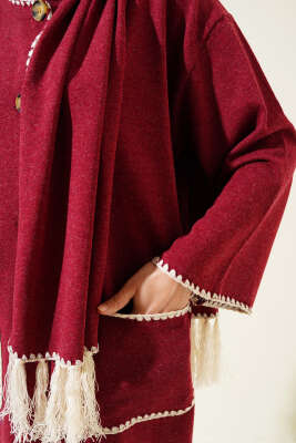 Midye Dikişli Atkılı Püsküllü Ceket Bordo - Thumbnail