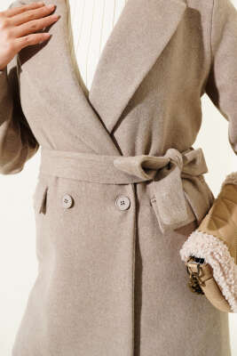 Cep Kapaklı Kaşe Kaban Vizon - Thumbnail