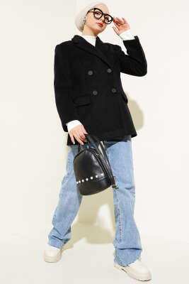 Pazarium - Kol Armalı Kaşe Kaban Siyah