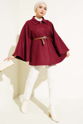 Gömlek Yaka Kemerli Kaşe Panço Bordo - Thumbnail