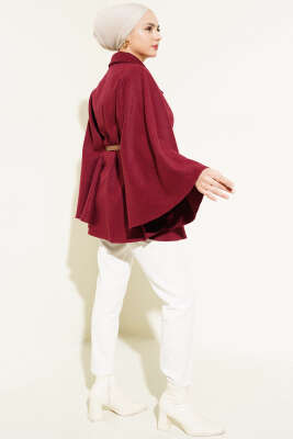 Gömlek Yaka Kemerli Kaşe Panço Bordo - Thumbnail