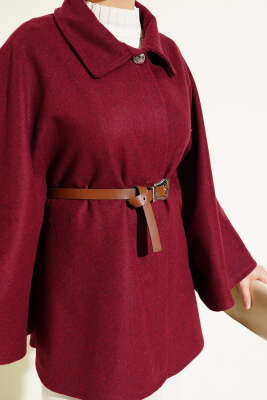 Gömlek Yaka Kemerli Kaşe Panço Bordo - Thumbnail