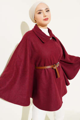 Gömlek Yaka Kemerli Kaşe Panço Bordo - Thumbnail