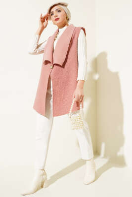 Kruvaze Yaka Salaş Buklet Yelek Gül Kurusu - Thumbnail